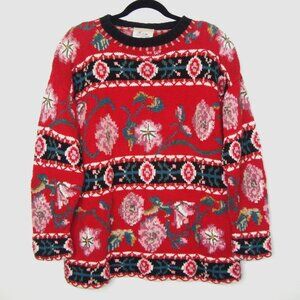 Vintage 70s Express Cie Internationale Handknit Floral Intarsia Sweater Size L